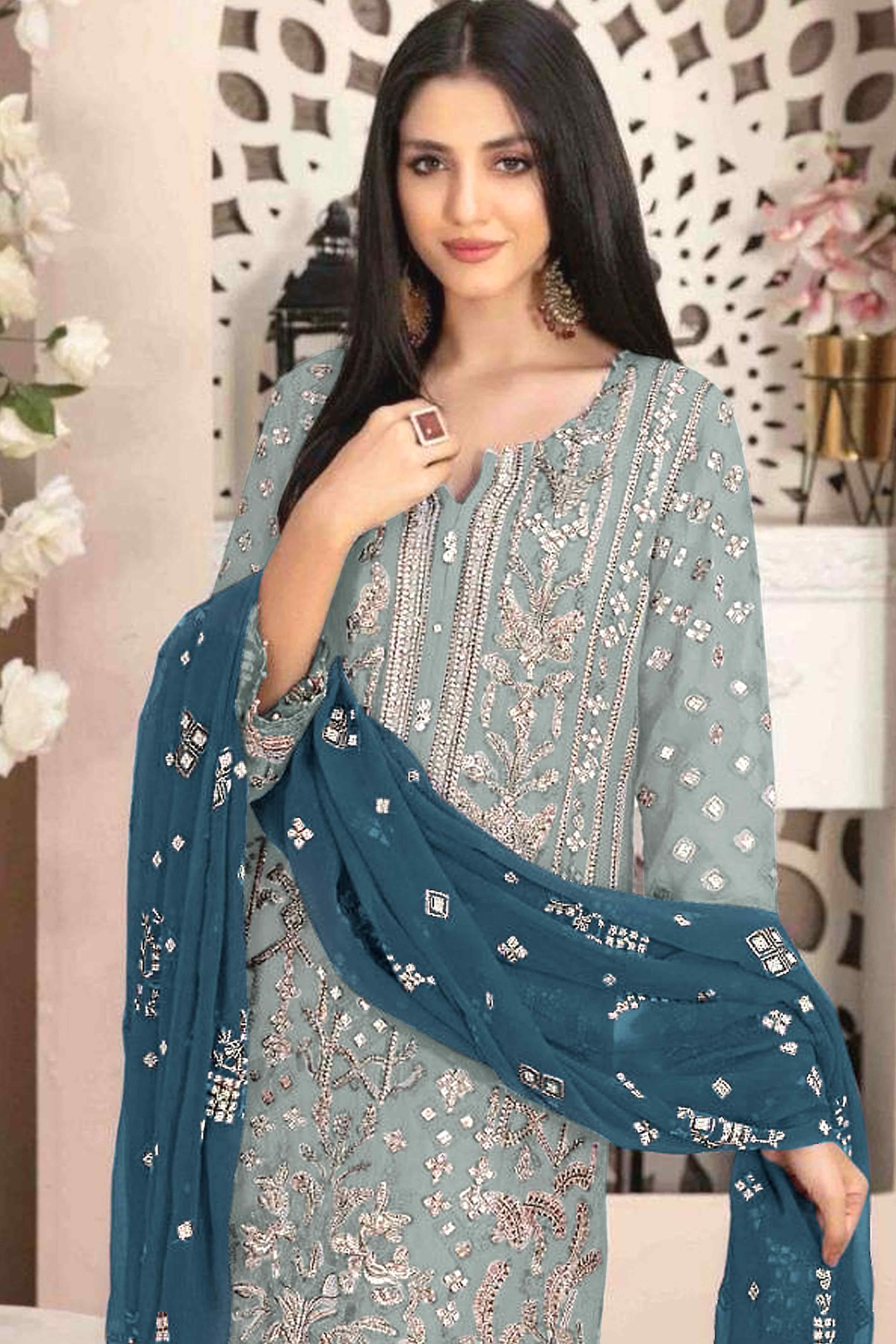 Blue Floral Embroidered With Handwork Georgette Semi Stitched Pakistani Suit