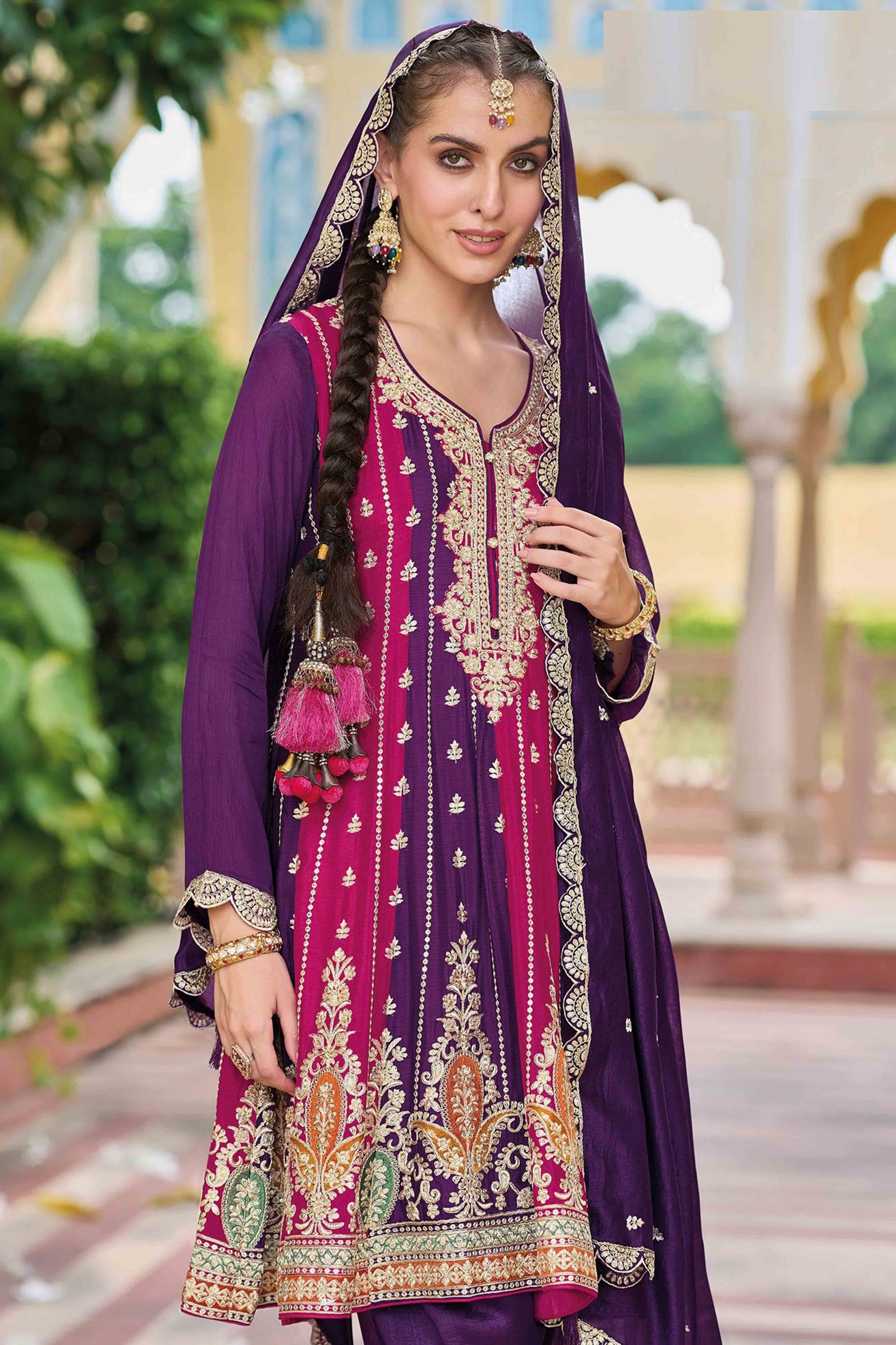 Purple Floral Embroidered Art Silk Free Size Stitched Anarkali Suit