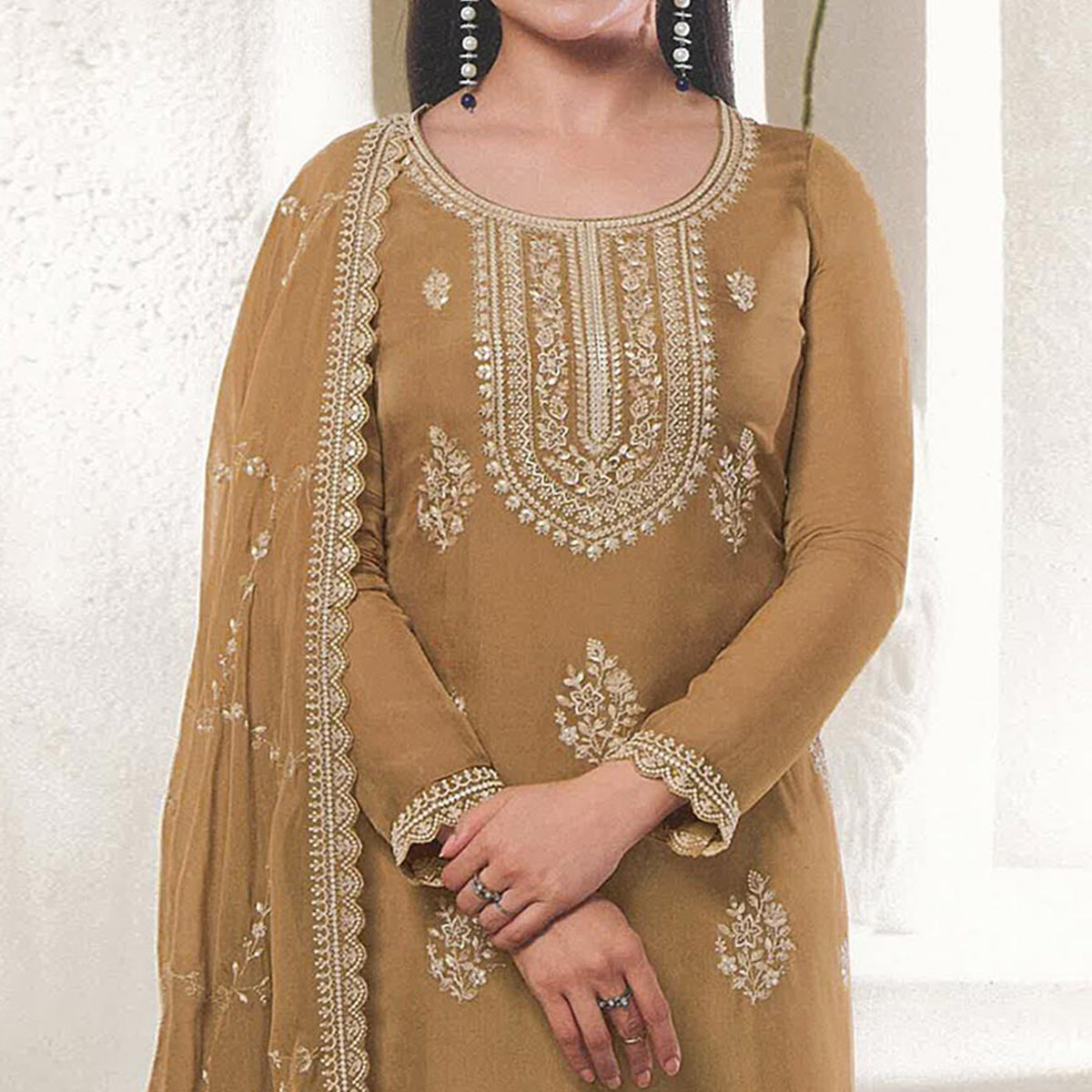 Light Brown Floral Embroidered Organza Semi Stitched Salwar Suit