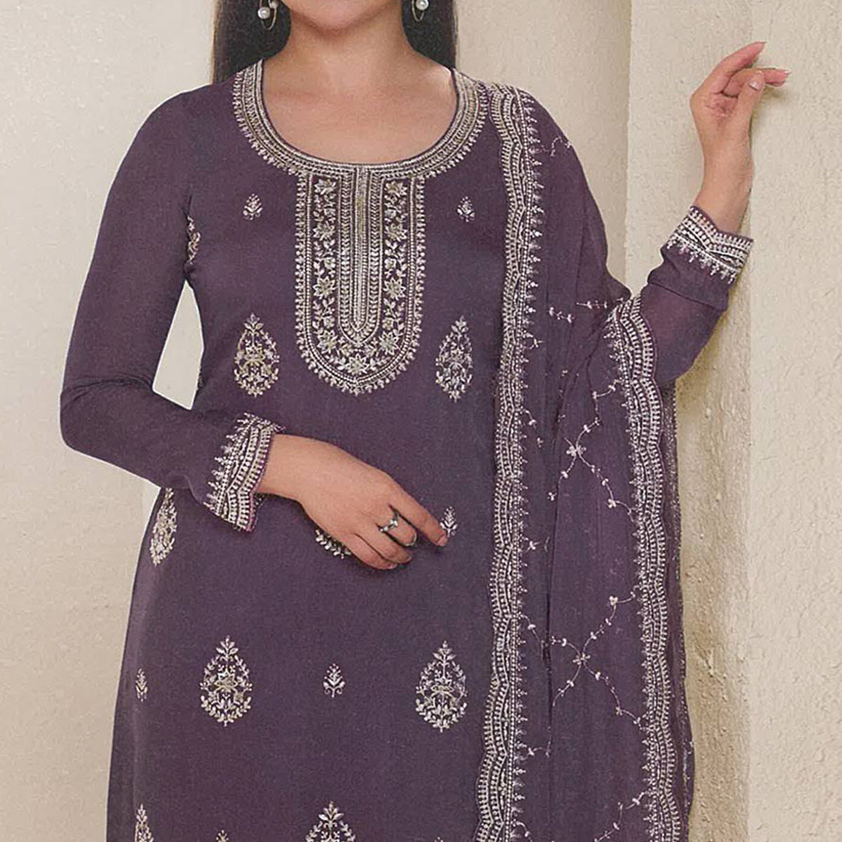 Purple Floral Embroidered Organza Semi Stitched Salwar Suit