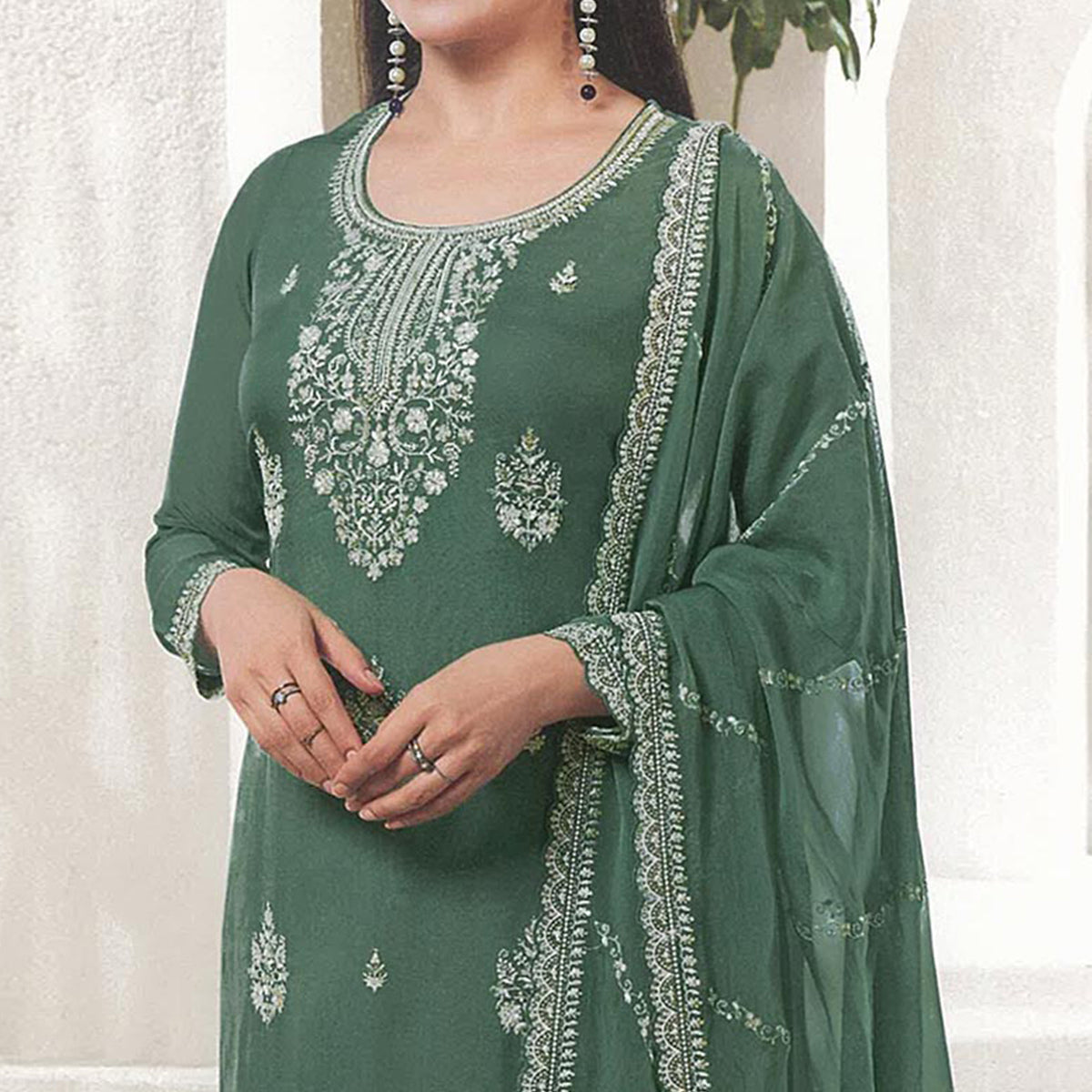 Green Floral Embroidered Organza Semi Stitched Salwar Suit