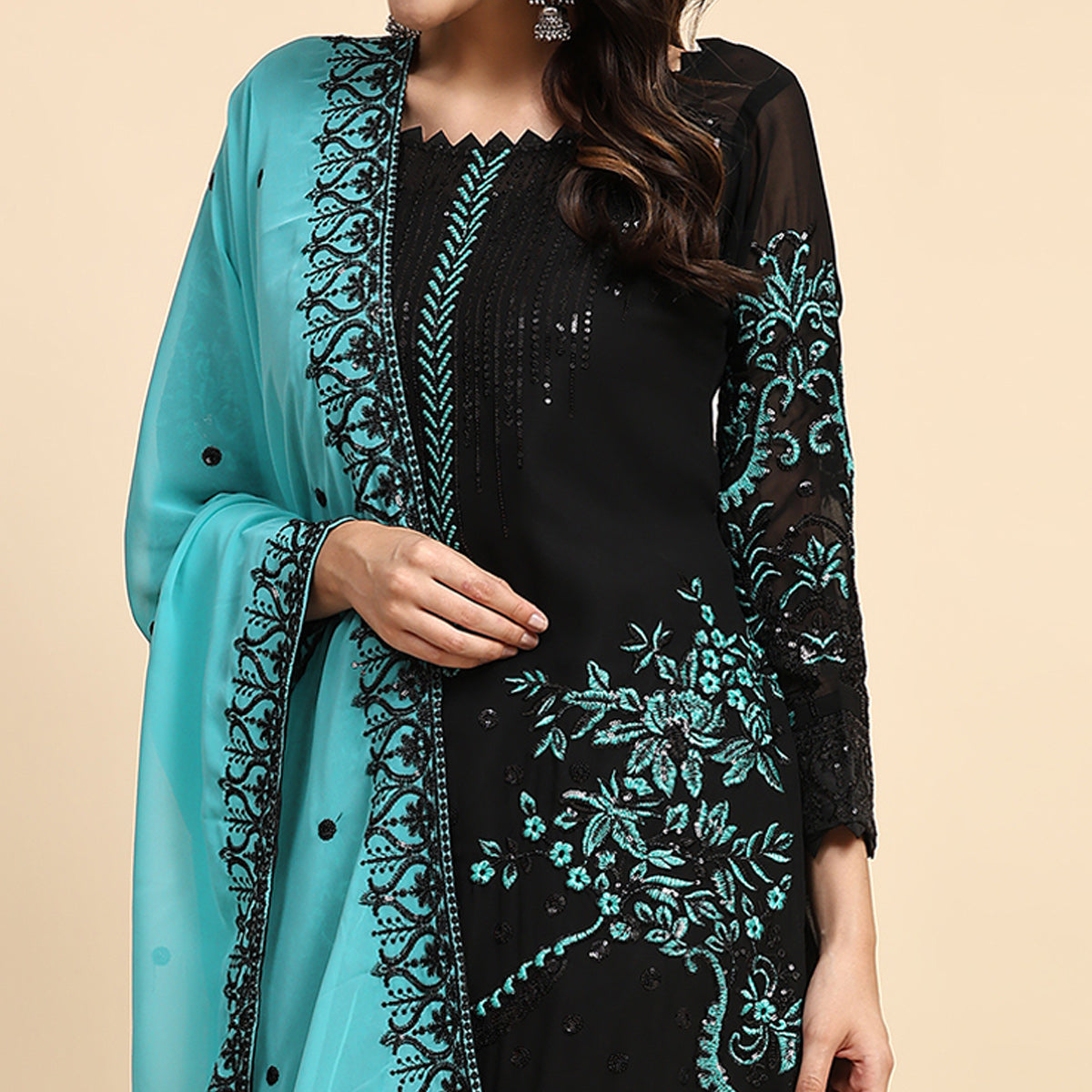 Black & Blue Floral Embroidered Georgette Semi Stitched Pakistani Suit