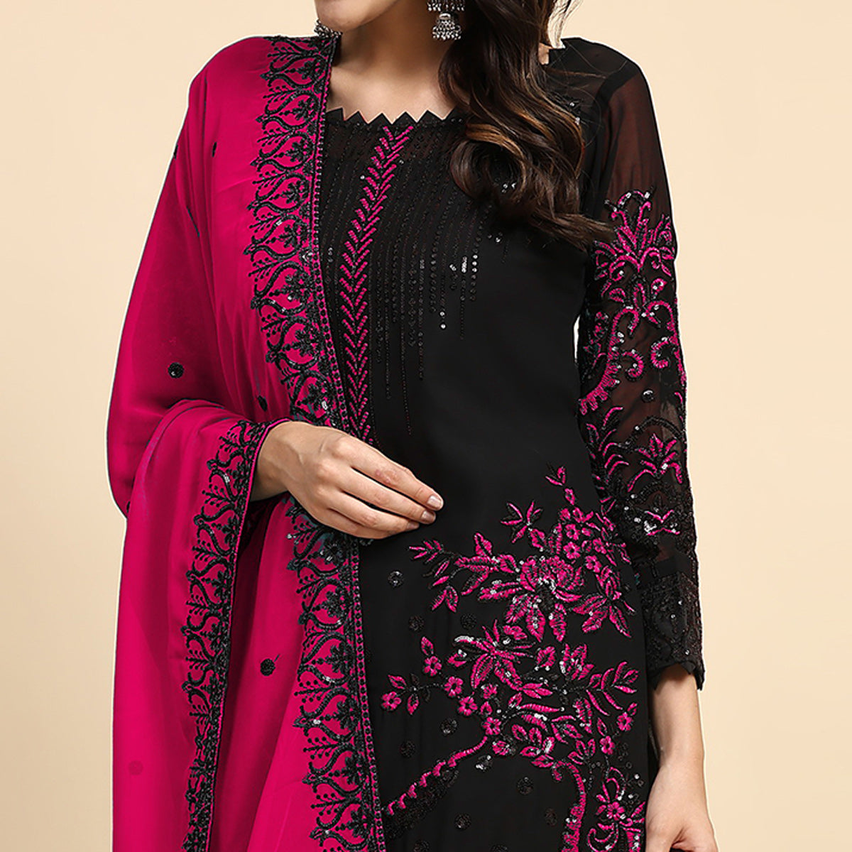 Black & Pink Floral Embroidered Georgette Semi Stitched Pakistani Suit