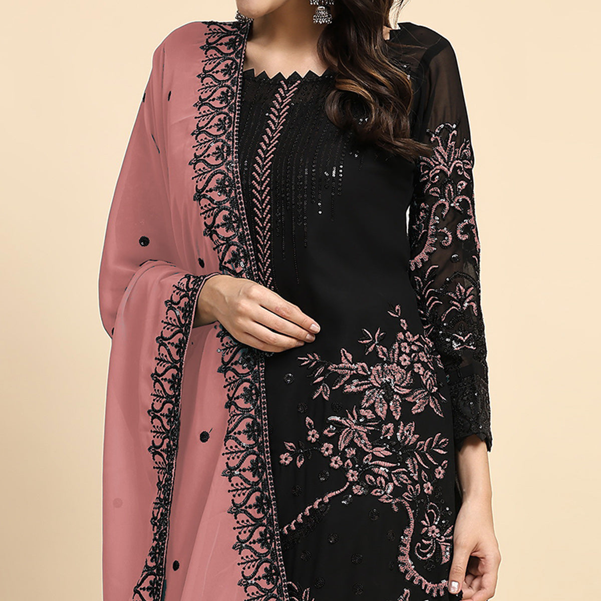 Black & Peach Floral Embroidered Georgette Semi Stitched Pakistani Suit