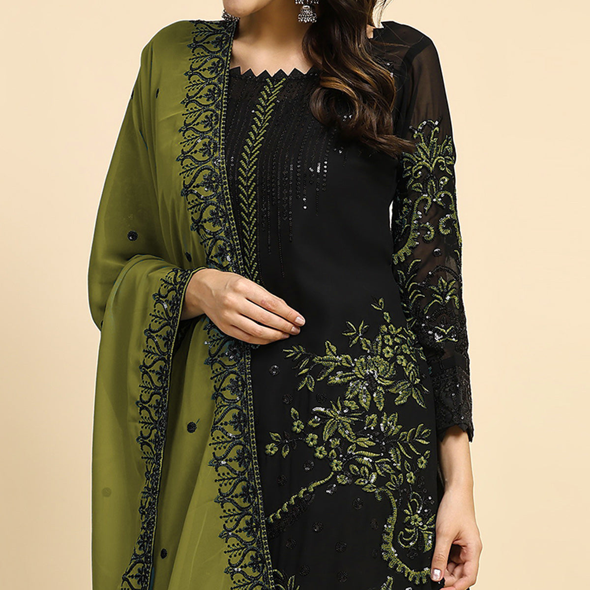 Black & Green Floral Embroidered Georgette Semi Stitched Pakistani Suit