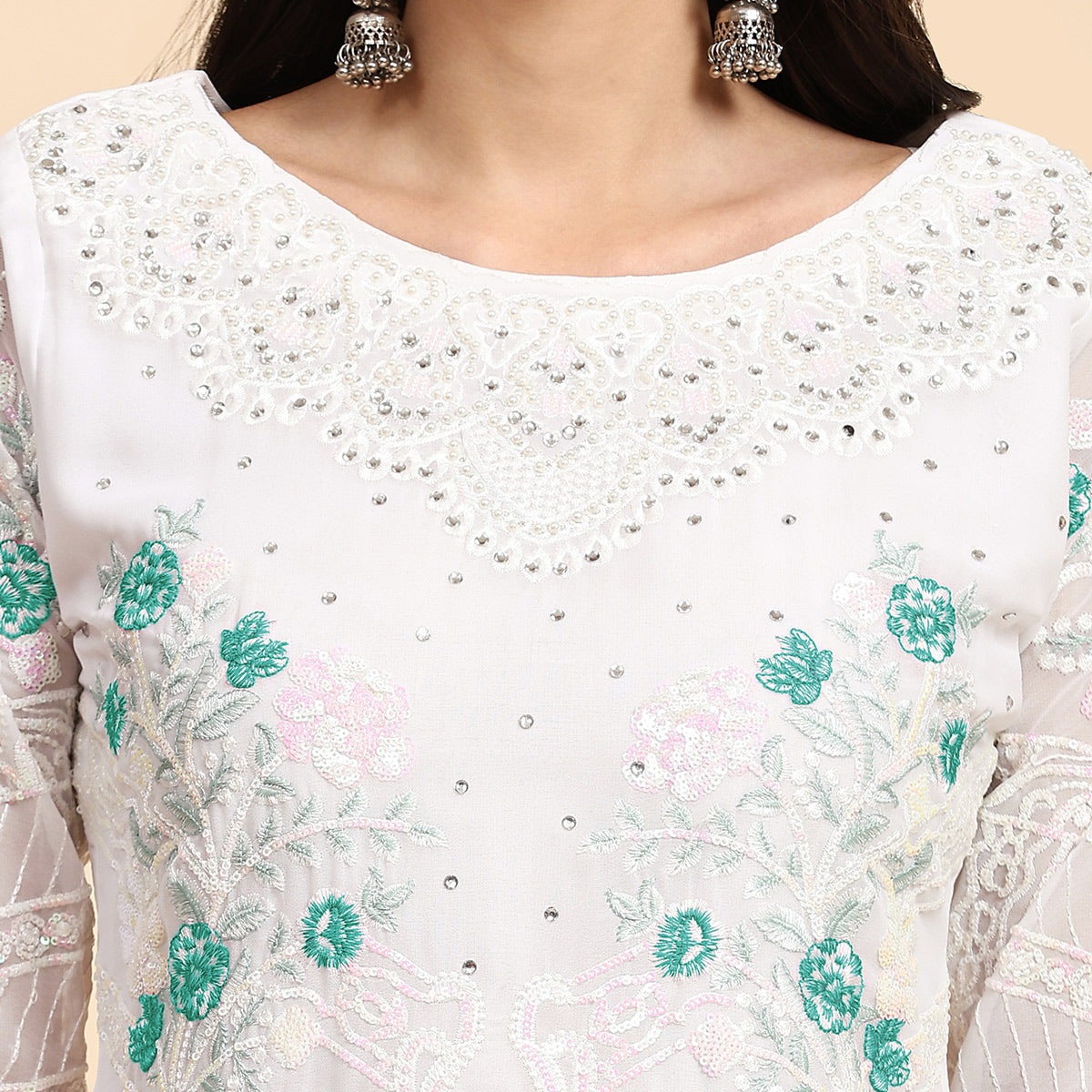 White & Rama Green Floral Sequins Embroidered Georgette Semi Stitched Pakistani Suit