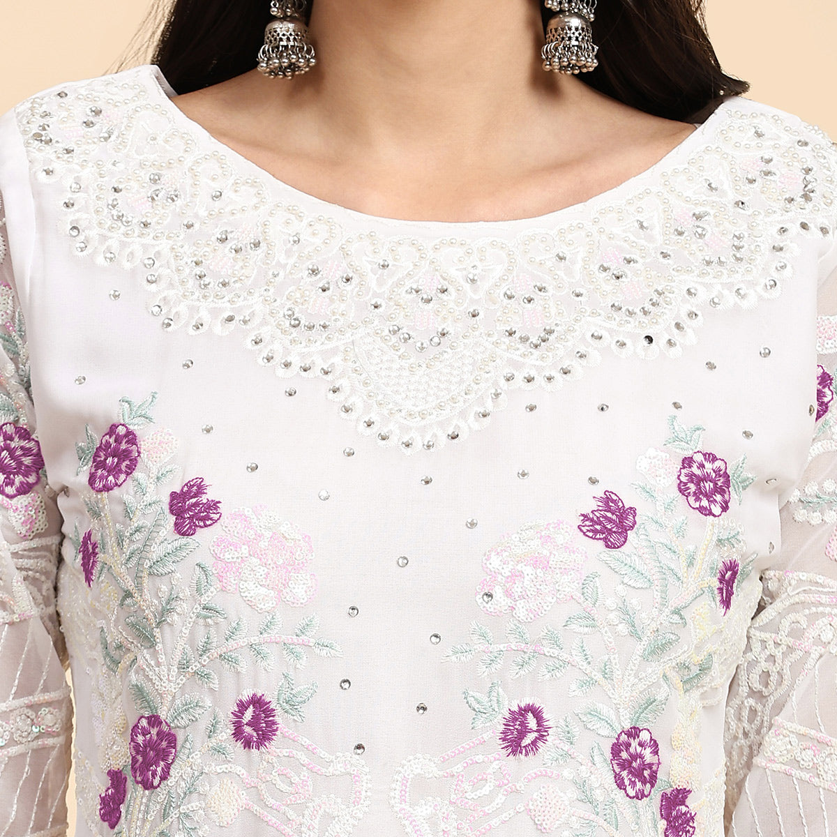 White & Purple Floral Sequins Embroidered Georgette Semi Stitched Pakistani Suit