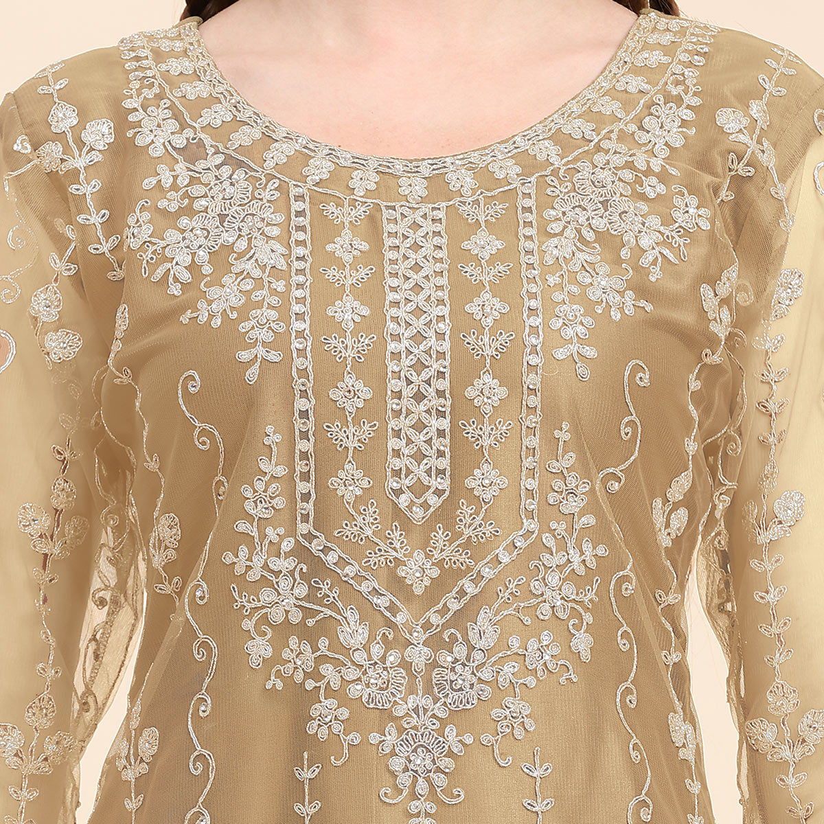 Beige Sequins Embroidered Net Semi Stitched Pakistani Suit