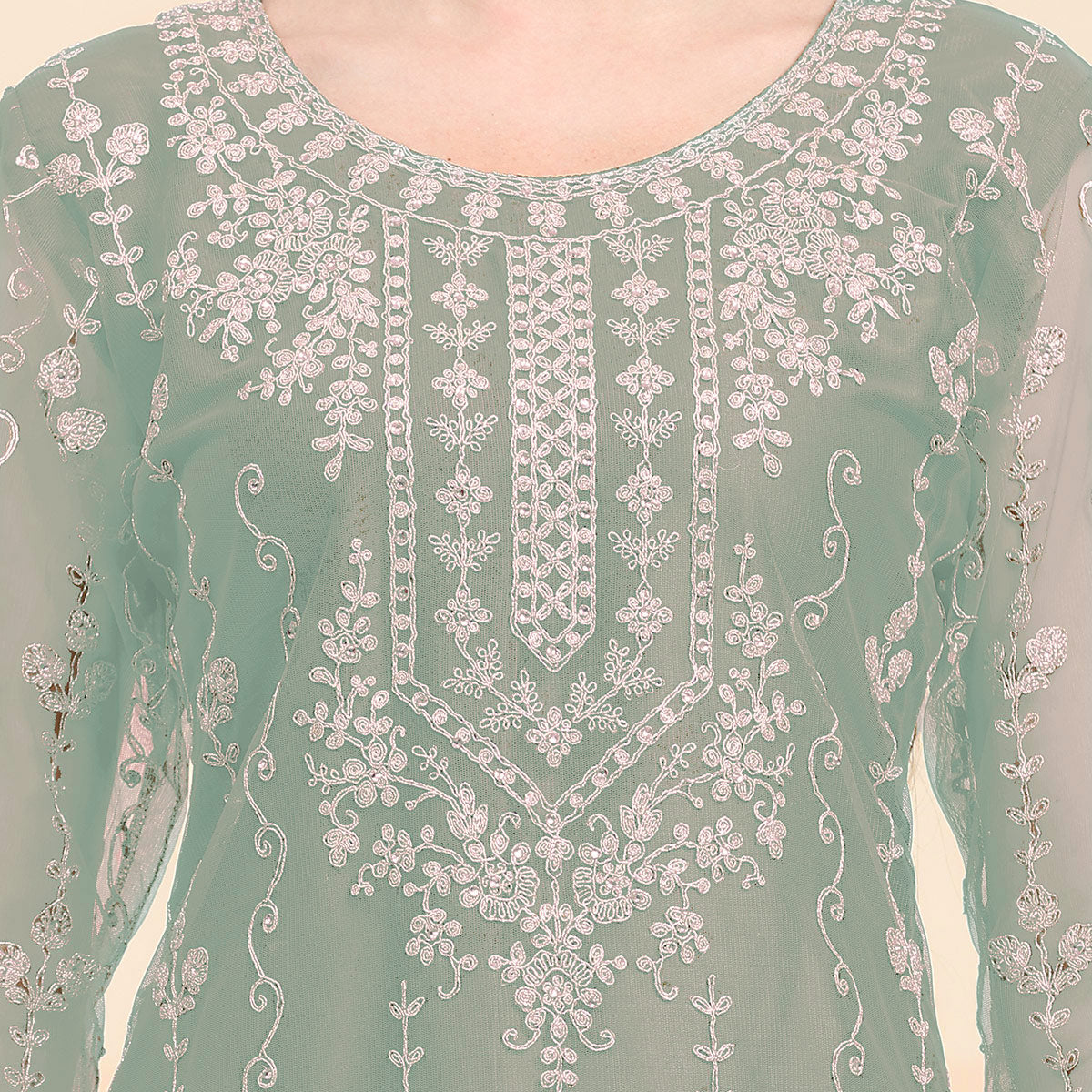 Green Sequins Embroidered Net Semi Stitched Pakistani Suit