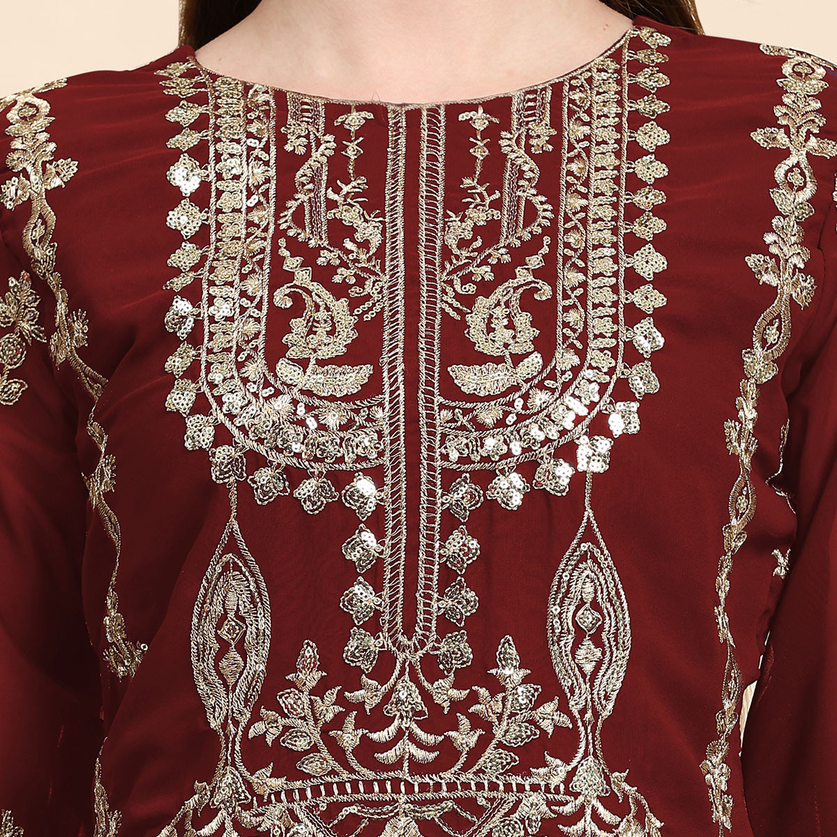 Maroon Sequins Embroidered Georgette Semi Stitched Pakistani Suit