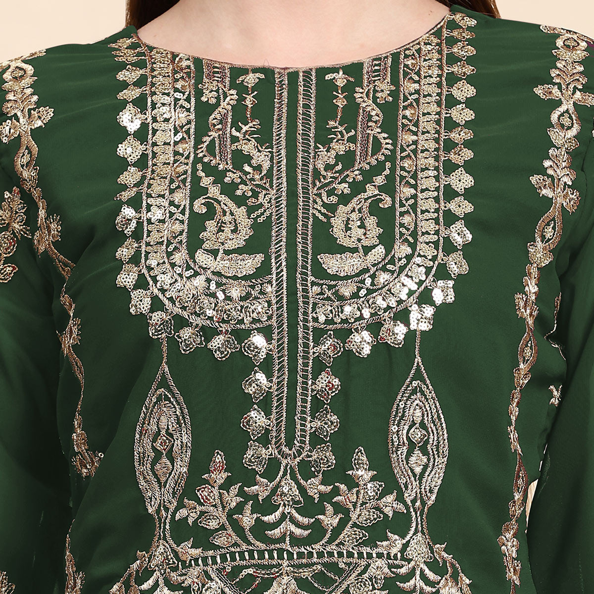 Green Sequins Embroidered Georgette Semi Stitched Pakistani Suit