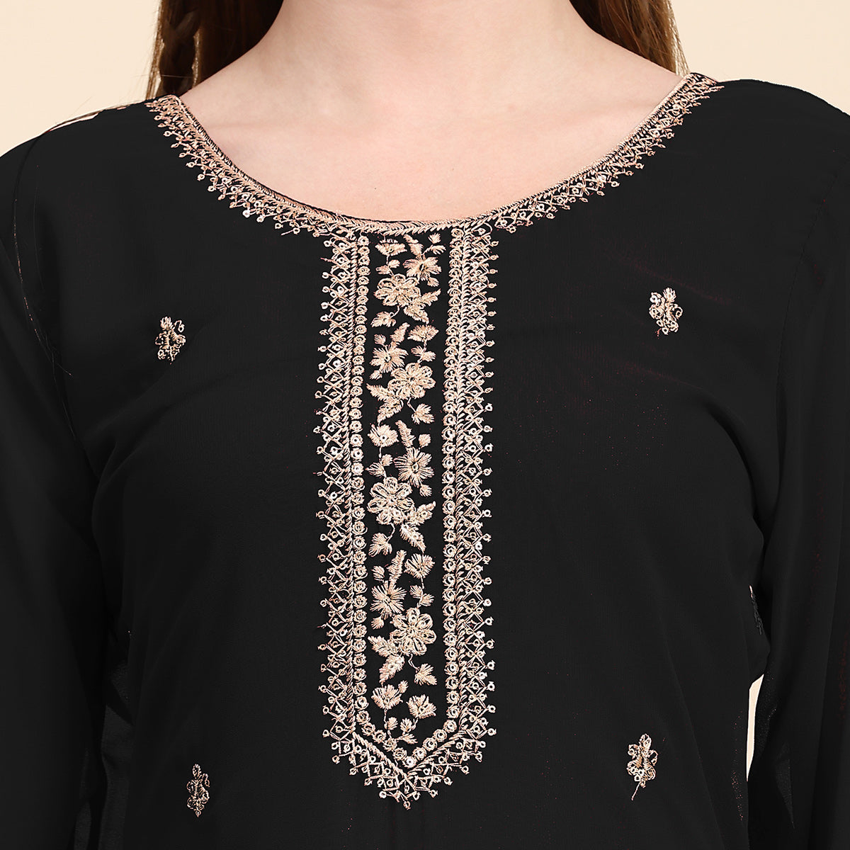 Black Floral Embroidered Georgette Semi Stitched Suit