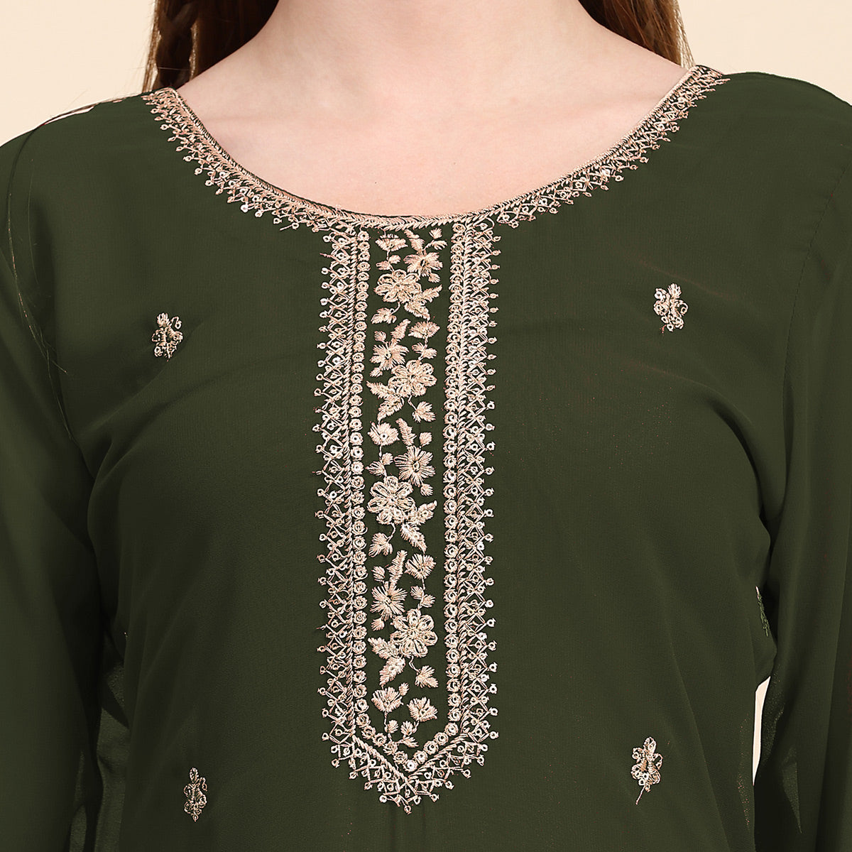 Green Floral Embroidered Georgette Semi Stitched Suit