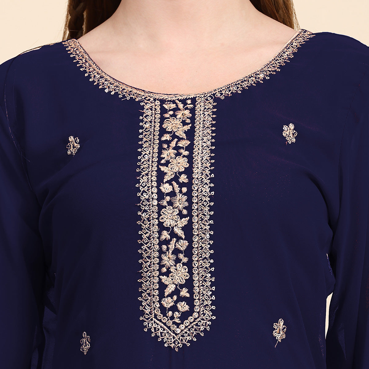 Blue Floral Embroidered Georgette Semi Stitched Suit