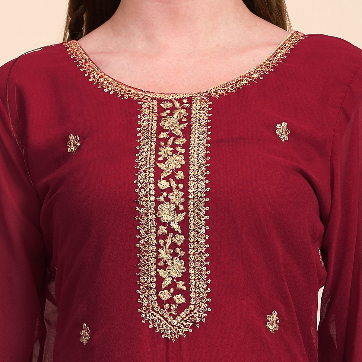 Maroon Floral Embroidered Georgette Semi Stitched Suit