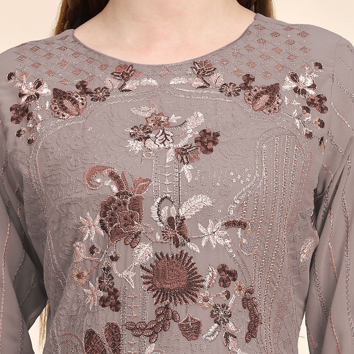 Brown Floral Embroidered Georgette Semi Stitched Pakistani Suit