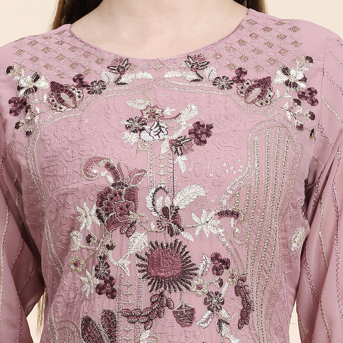 Pink Floral Embroidered Georgette Semi Stitched Pakistani Suit