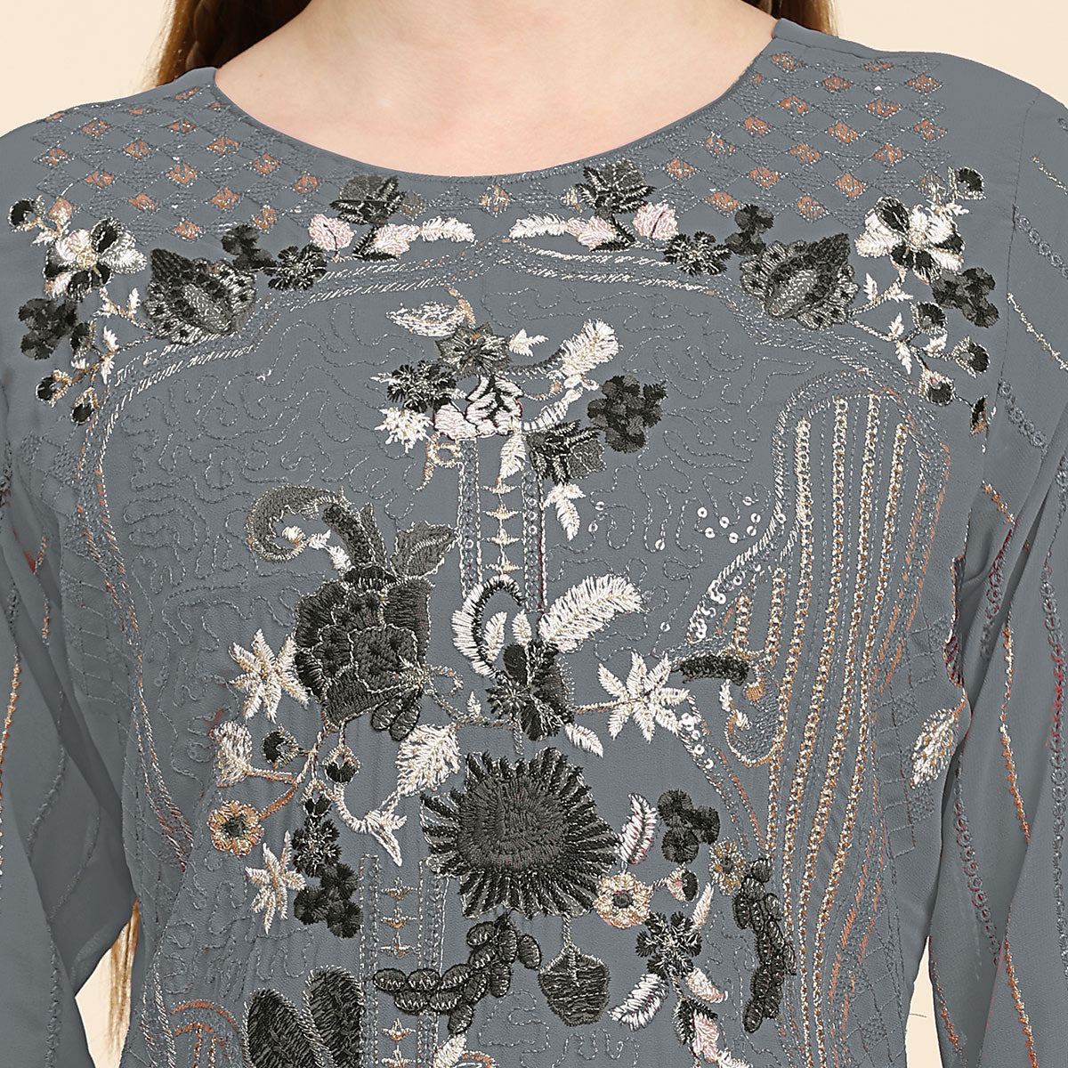 Grey Floral Embroidered Georgette Semi Stitched Pakistani Suit