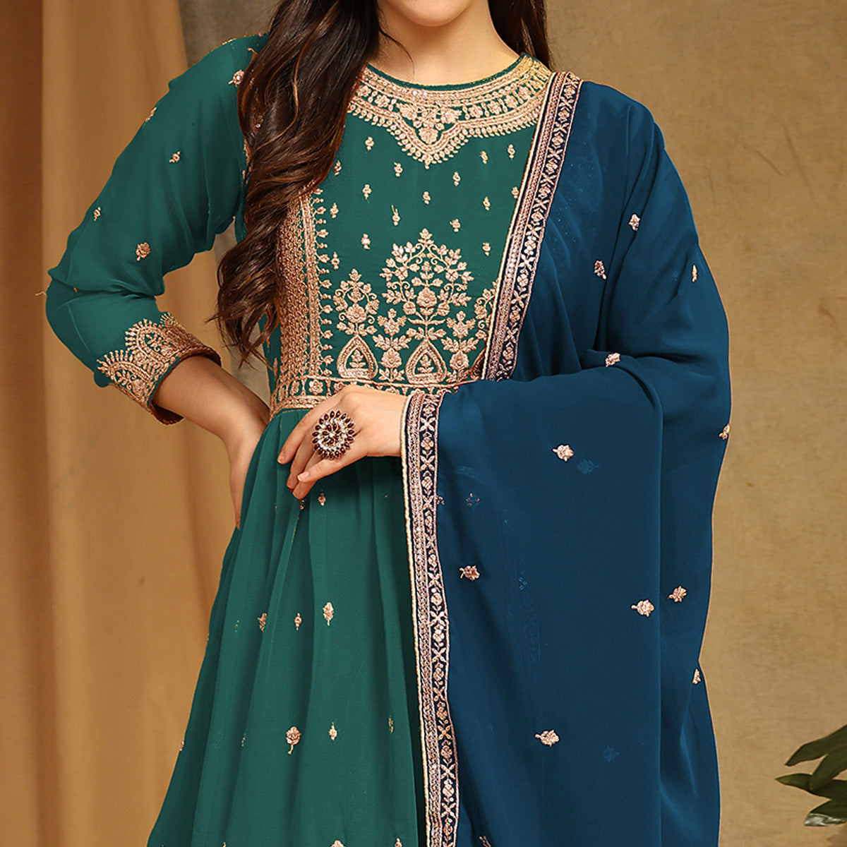 Teal Green Floral Embroidered Georgette Semi Stitched Sharara Suit