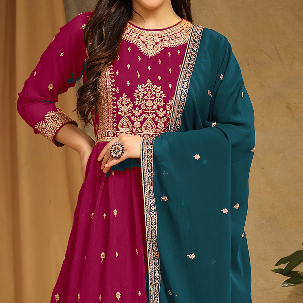 Pink Floral Embroidered Georgette Semi Stitched Sharara Suit