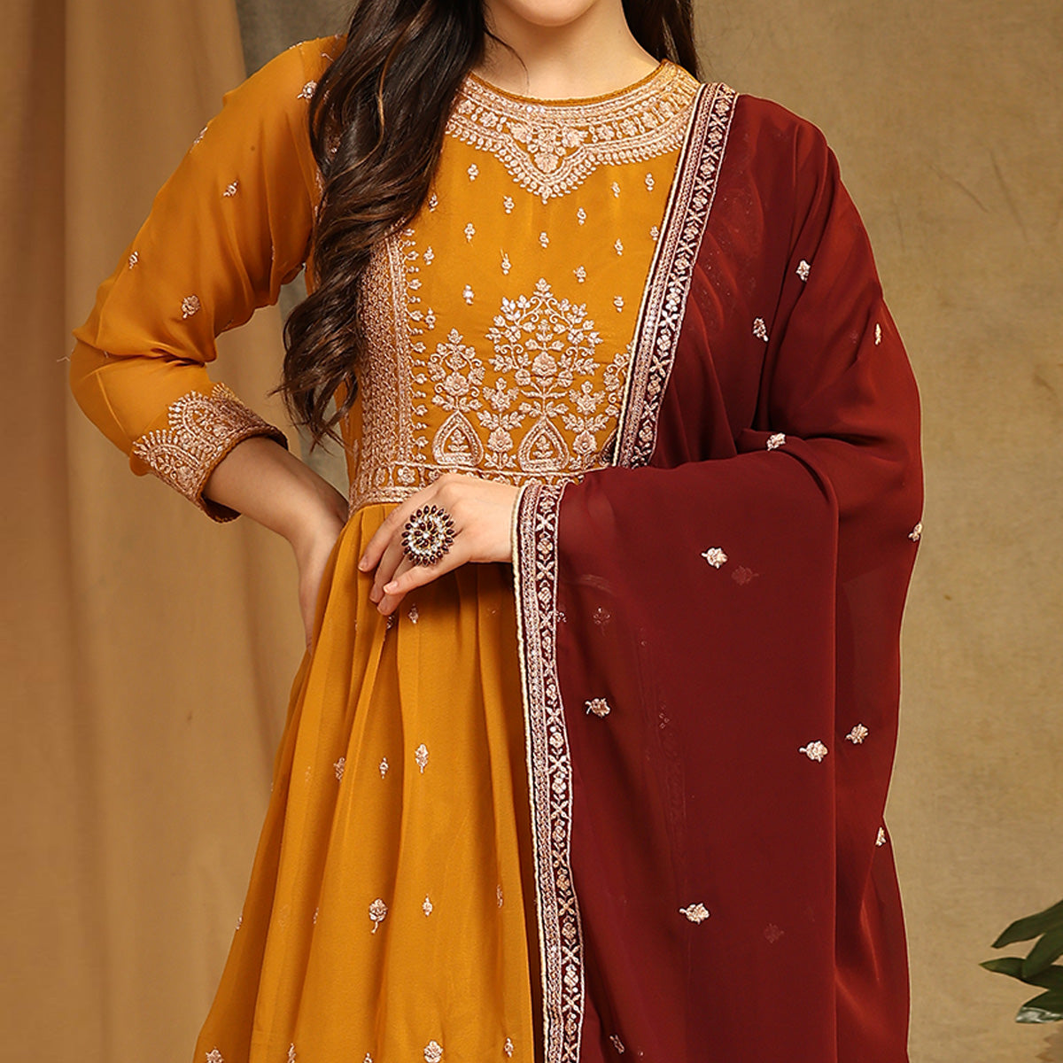 Yellow Floral Embroidered Georgette Semi Stitched Sharara Suit