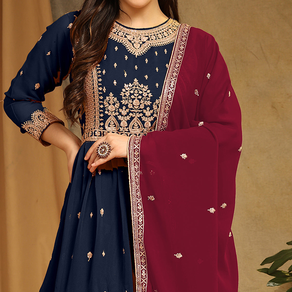 Blue Floral Embroidered Georgette Semi Stitched Sharara Suit