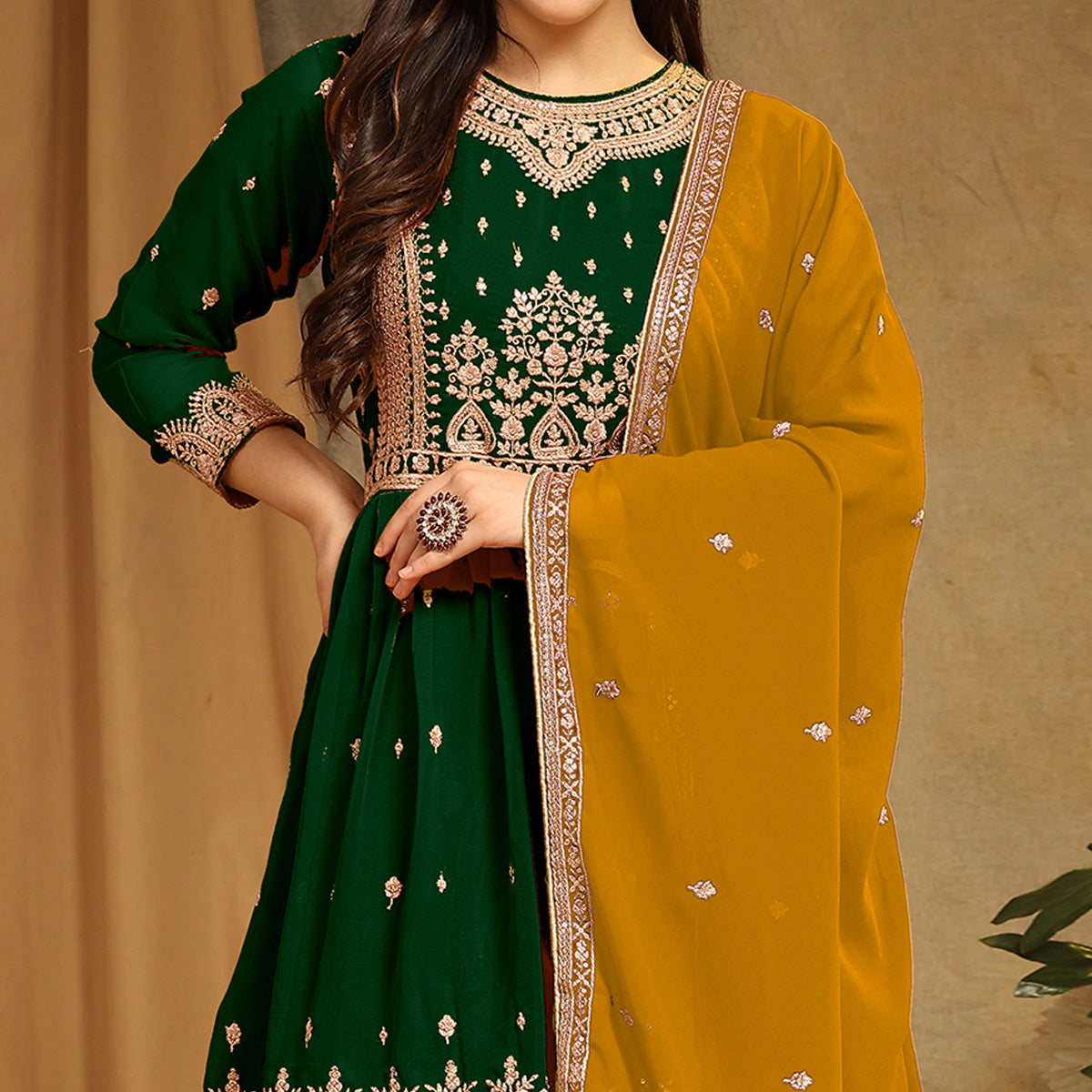 Green Floral Embroidered Georgette Semi Stitched Sharara Suit