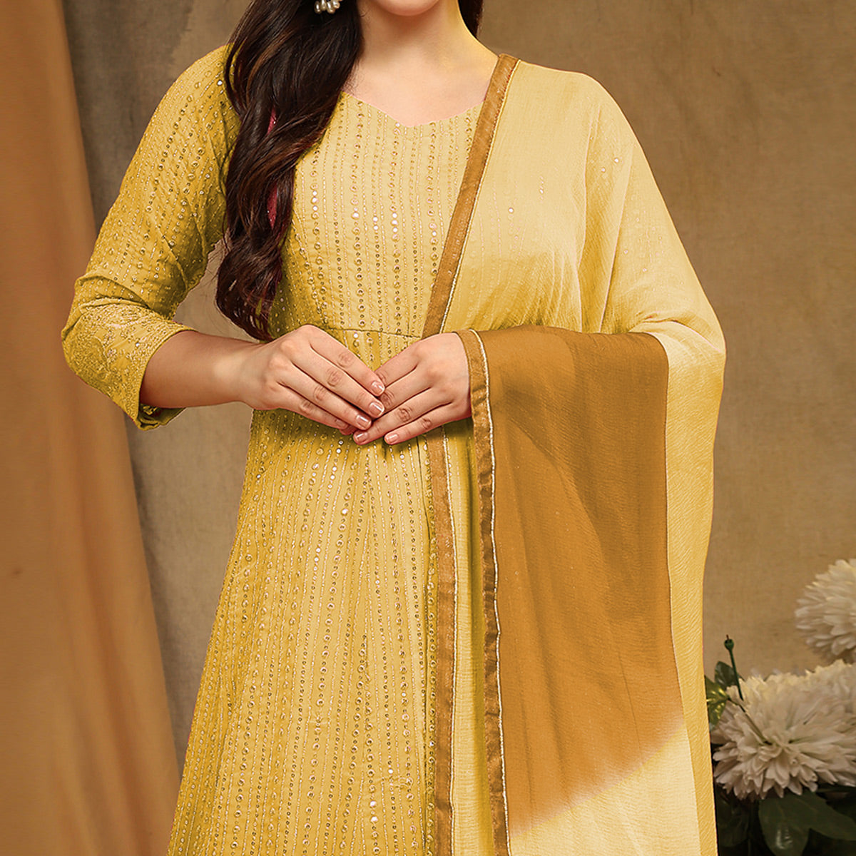 Yellow Sequins Embroidered Georgette Semi Stitched Sharara Suit