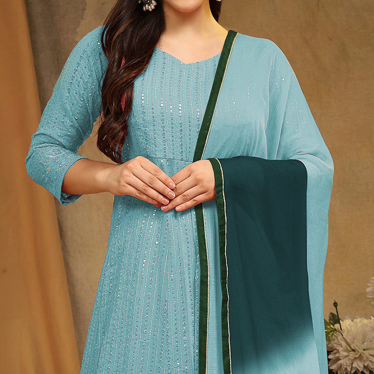 Sky Blue Sequins Embroidered Georgette Semi Stitched Sharara Suit