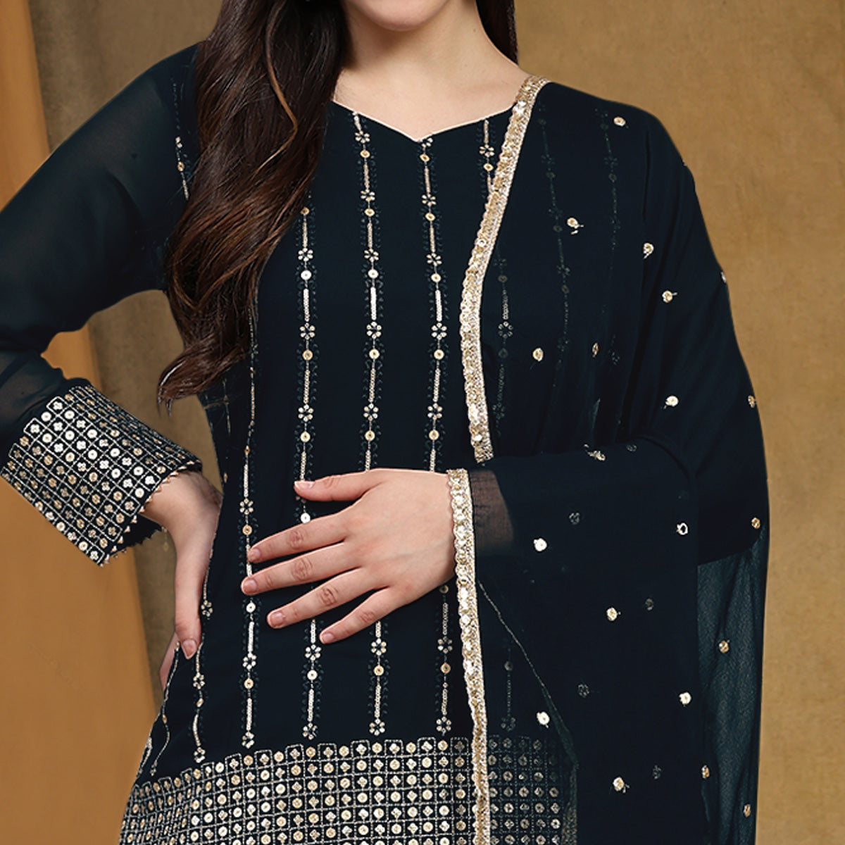 Black Sequins Embroidered Georgette Semi Stitched Salwar Suit
