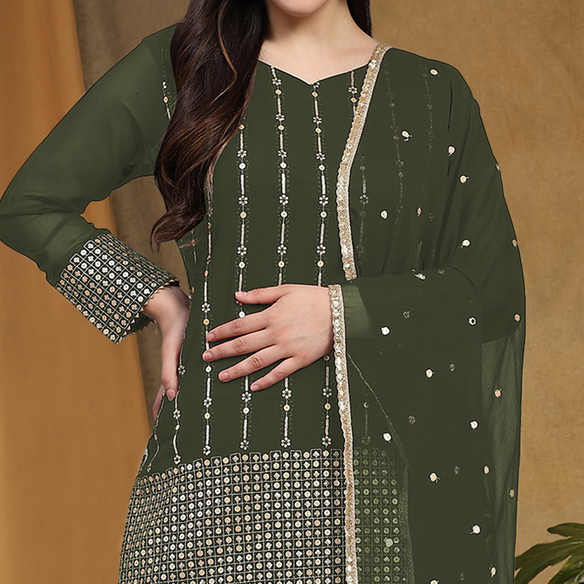 Mehendi Green Sequins Embroidered Georgette Semi Stitched Salwar Suit