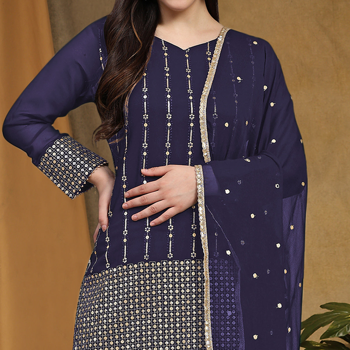 Navy Blue Sequins Embroidered Georgette Semi Stitched Salwar Suit