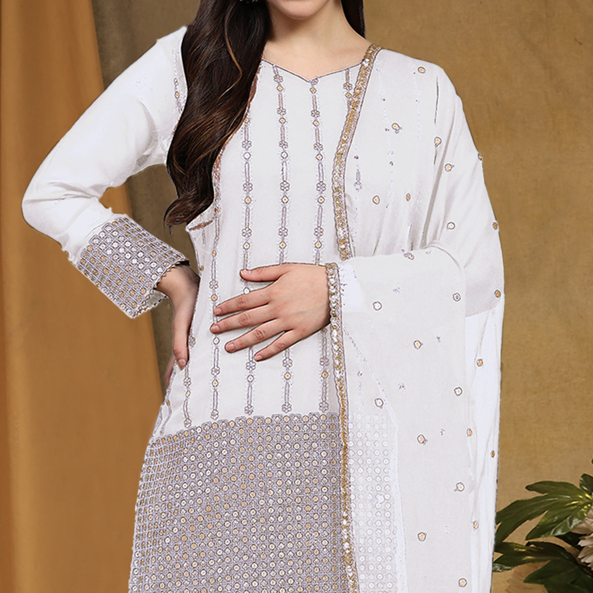 White Sequins Embroidered Georgette Semi Stitched Salwar Suit