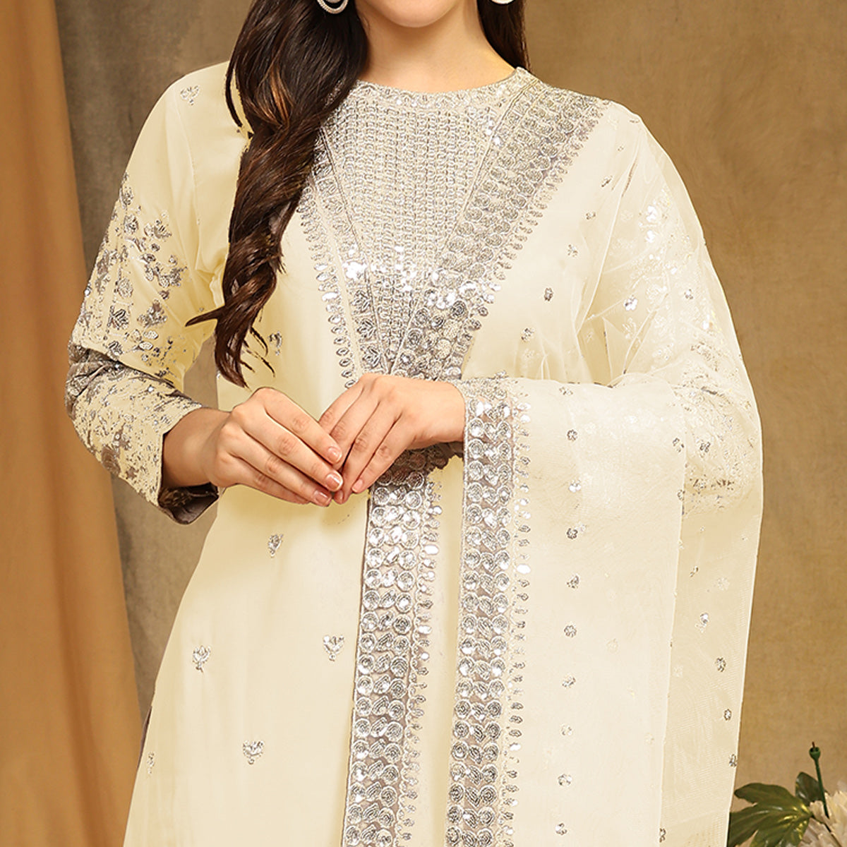 Cream Sequins Embroidered Georgette Semi Stitched Salwar Suit