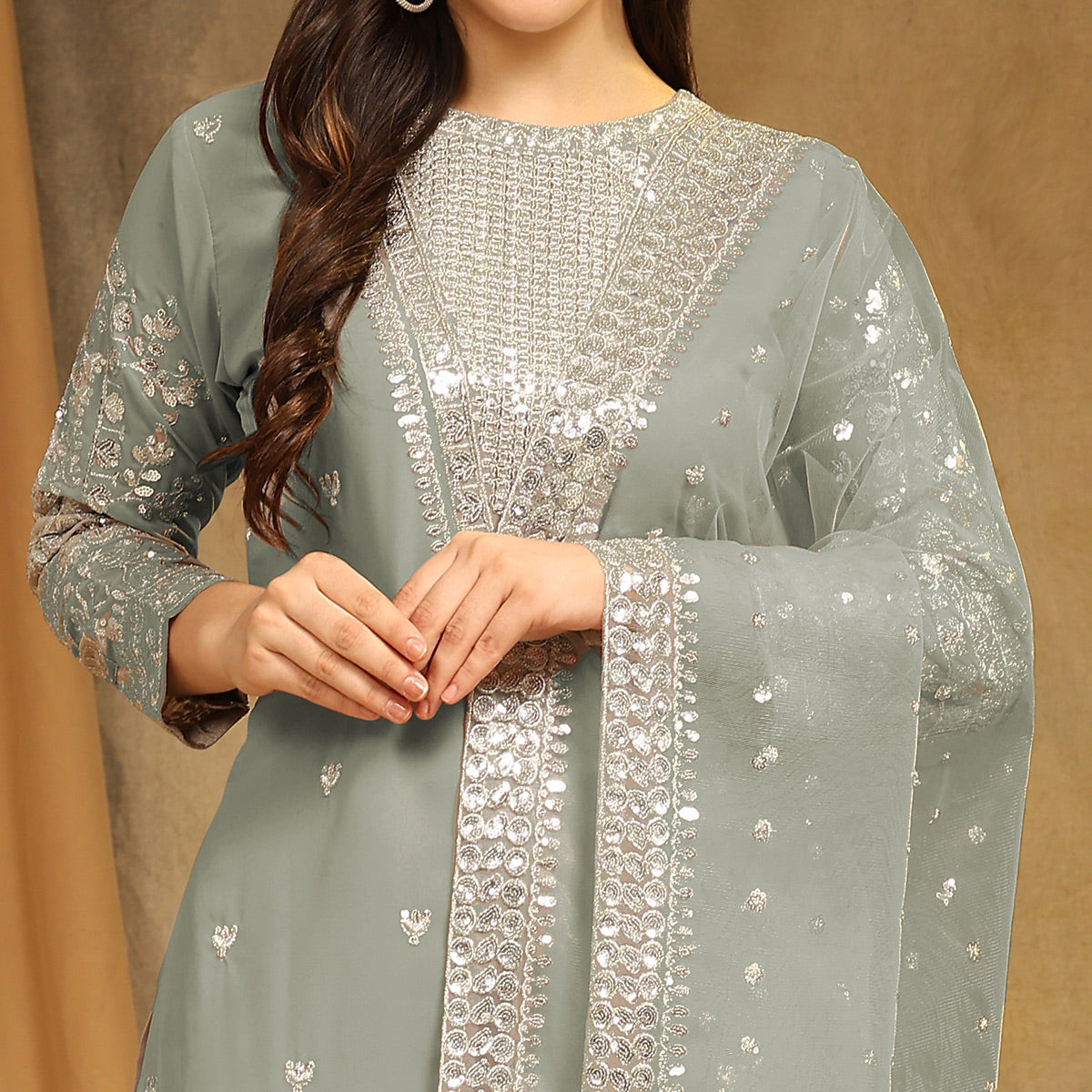 Dusty Green Sequins Embroidered Georgette Semi Stitched Salwar Suit