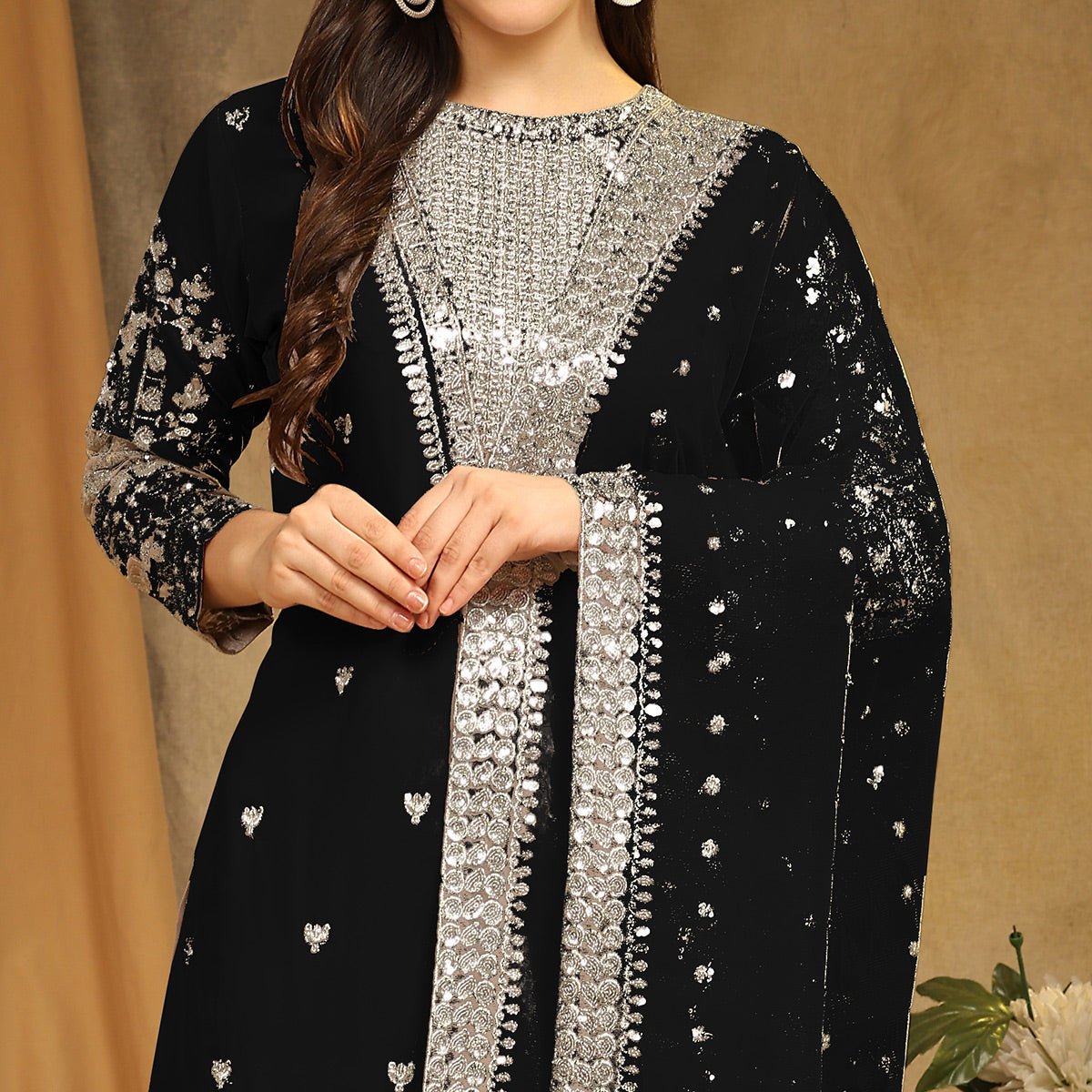 Black Sequins Embroidered Georgette Semi Stitched Salwar Suit