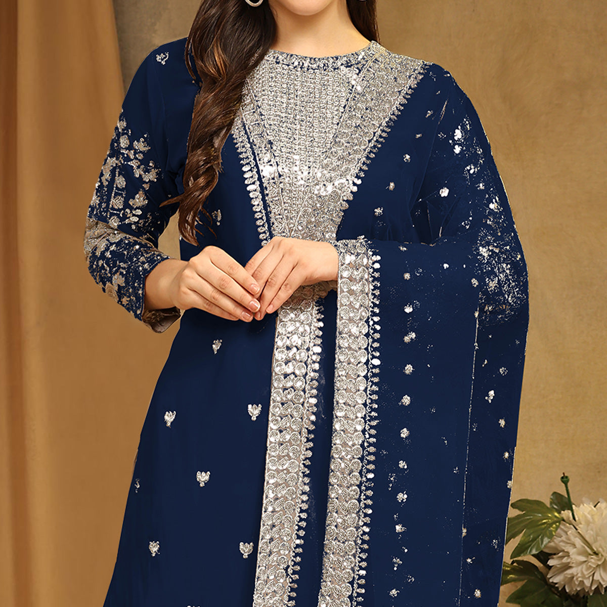 Blue Sequins Embroidered Georgette Semi Stitched Salwar Suit