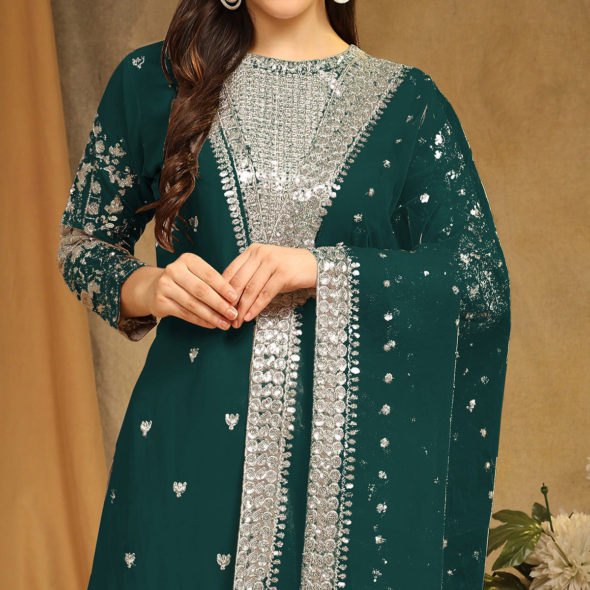 Rama Green Sequins Embroidered Georgette Semi Stitched Salwar Suit