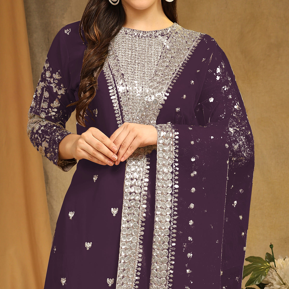 Wine Sequins Embroidered Georgette Semi Stitched Salwar Suit