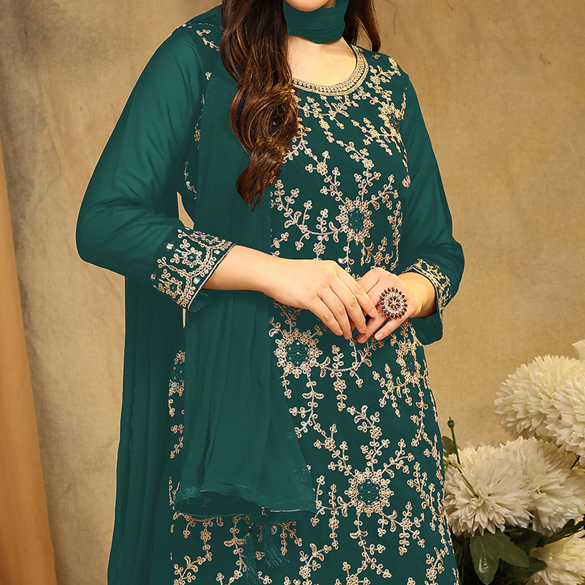 Green Floral Embroidered Georgette Semi Stitched Suit