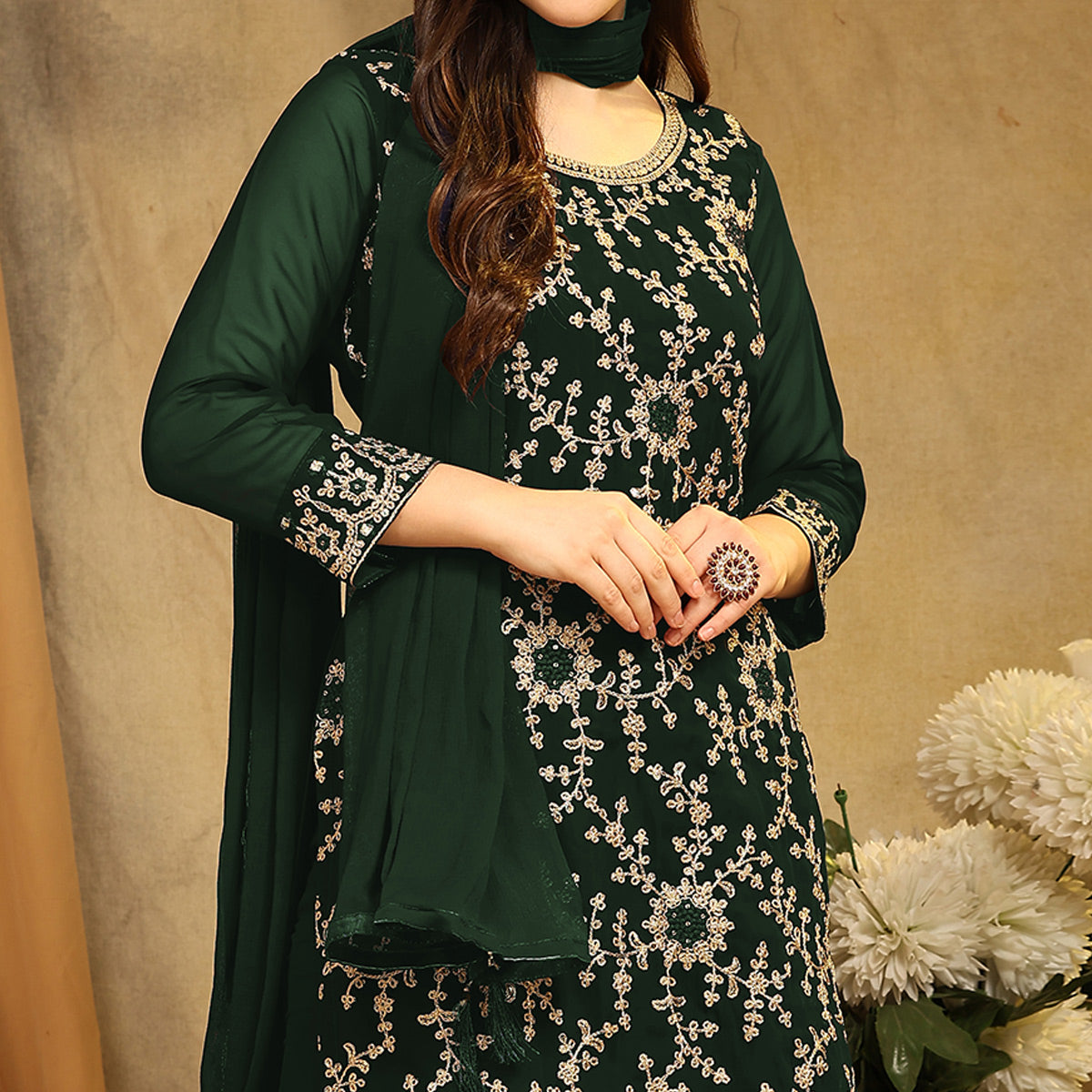 Bottle Green Floral Embroidered Georgette Semi Stitched Suit