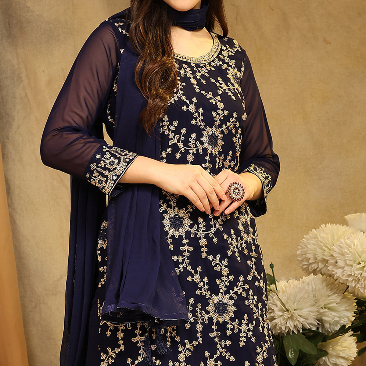 Blue Floral Embroidered Georgette Semi Stitched Suit