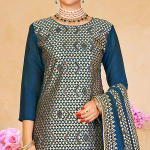 Teal Blue Embroidered With Swarovski Work Vichitra Silk Semi Stitched Salwar Suit