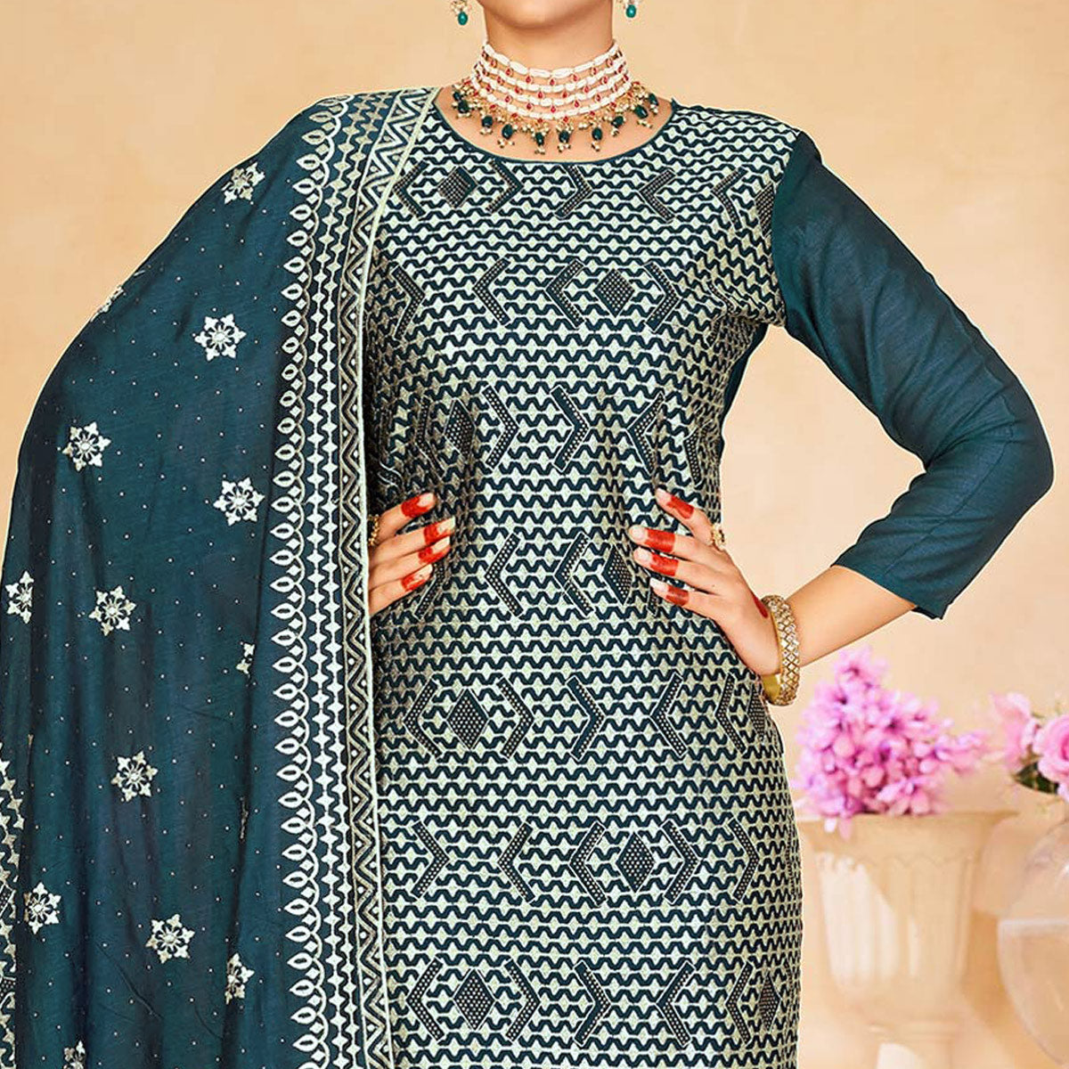 Teal Green Embroidered With Swarovski Work Vichitra Silk Semi Stitched Salwar Suit