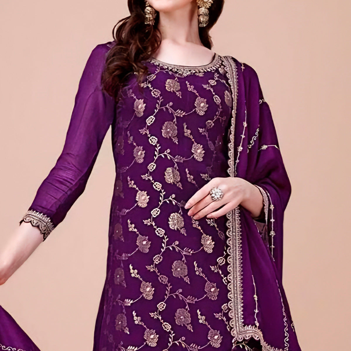 Purple Floral Zari Woven Chinon Semi Stitched Dress Material