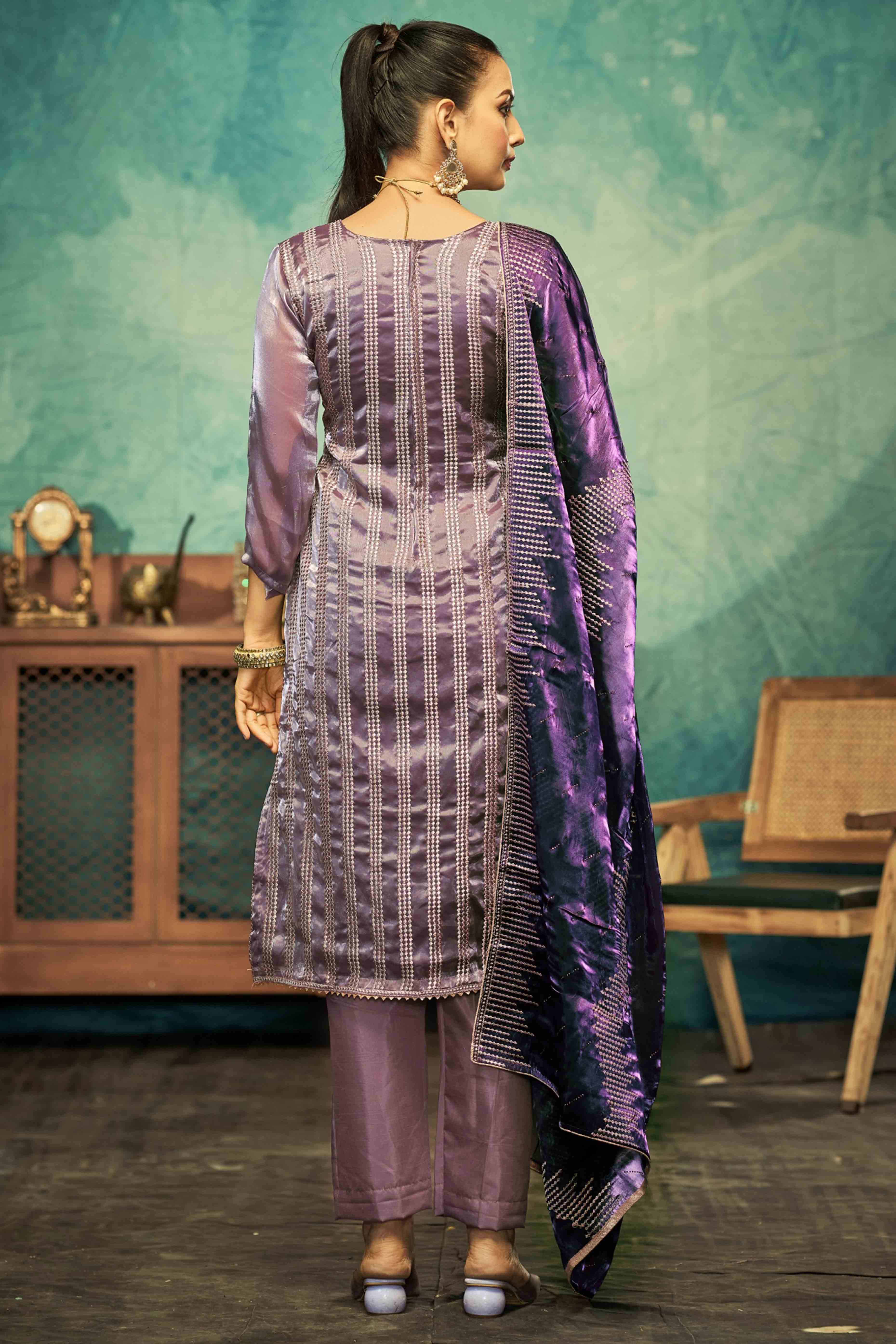 Purple Floral Embroidery With Swarovski Work Jimmy Choo Tissue Semi Stitched Suit