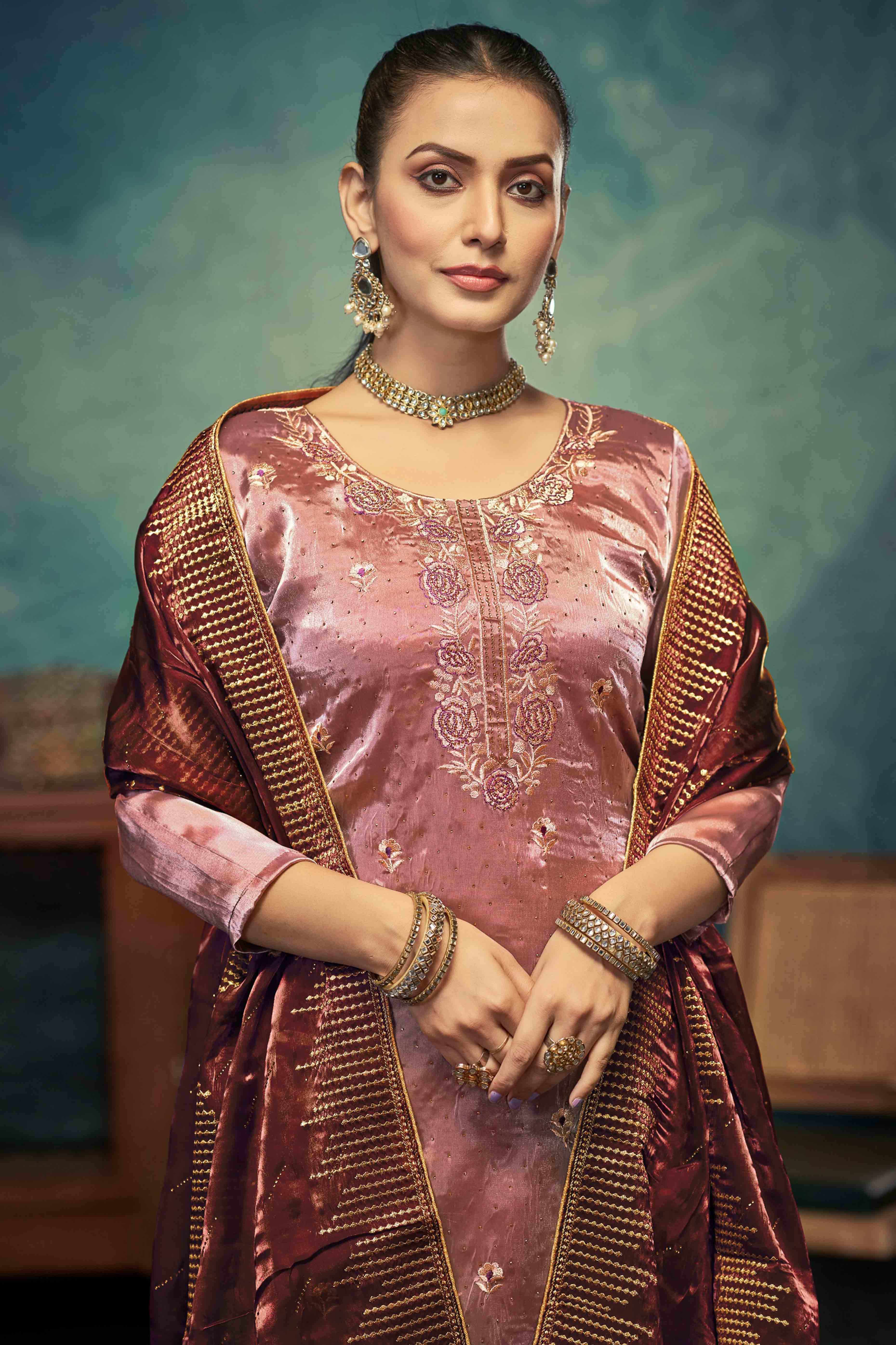 Dusty Rose Pink Floral Embroidery With Swarovski Work Jimmy Choo Tissue Semi Stitched Suit