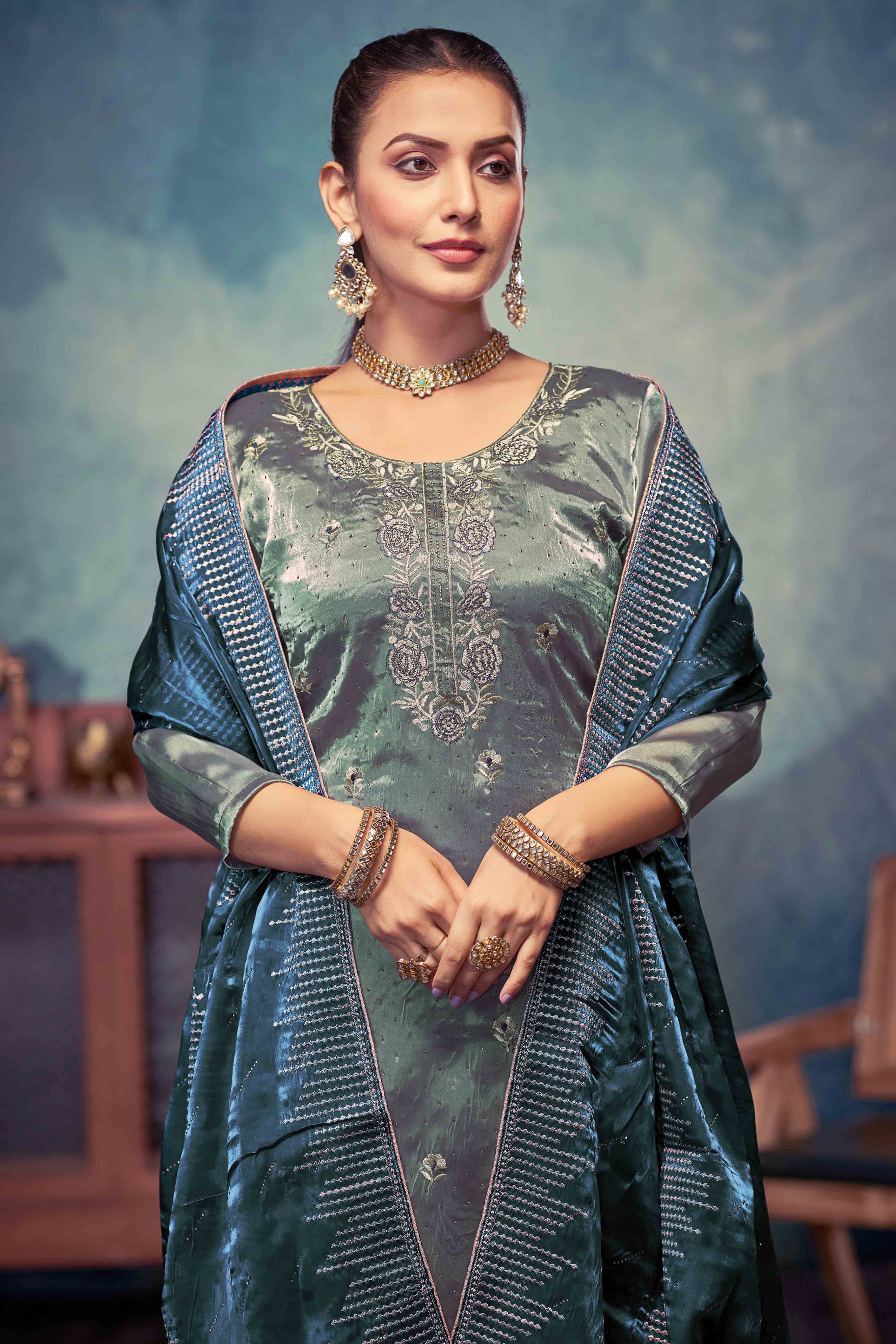 Turquoise Floral Embroidery With Swarovski Work Jimmy Choo Tissue Semi Stitched Suit