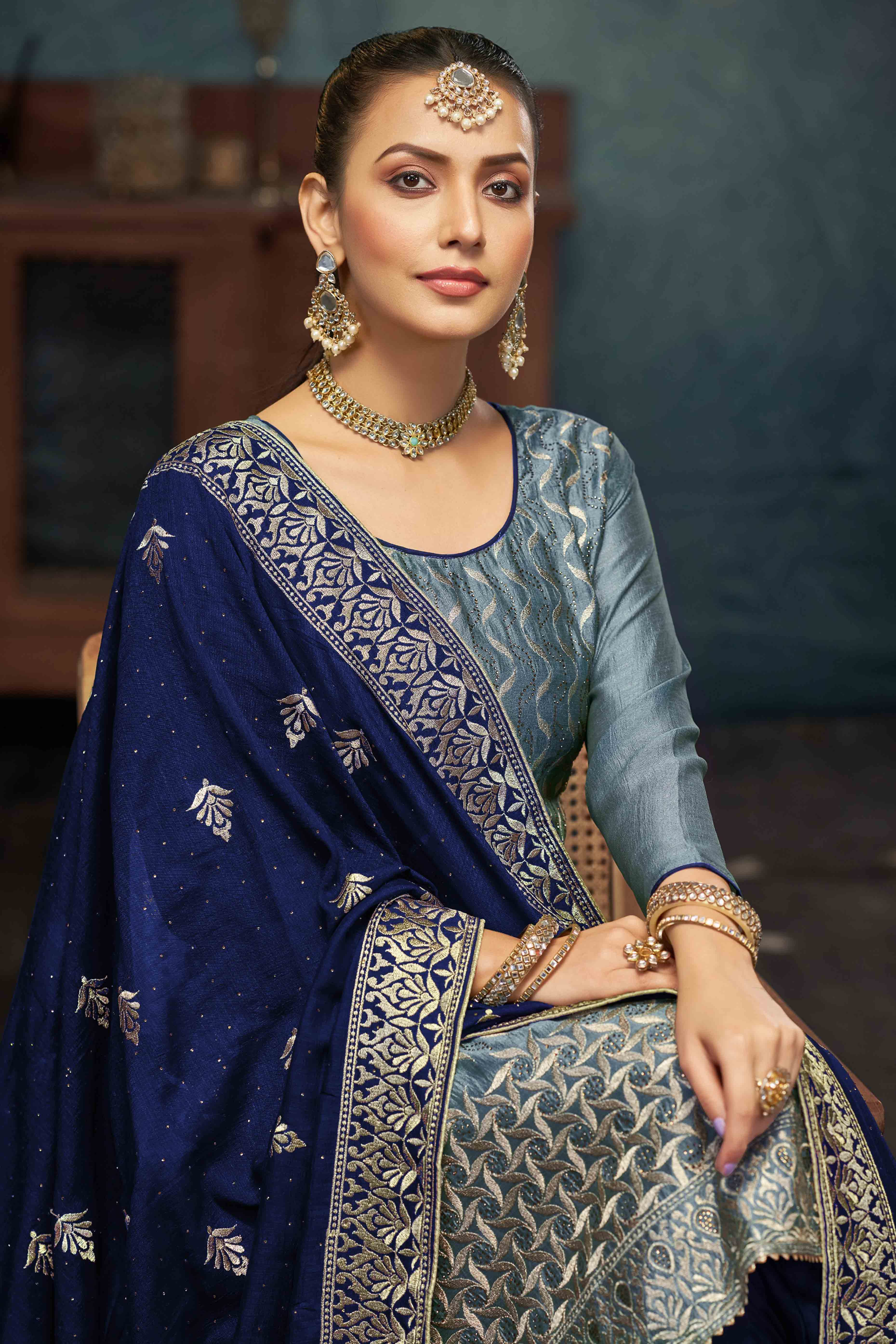 Blue Embroidery With Swarovski Work Vichitra Silk Semi Stitched Suit