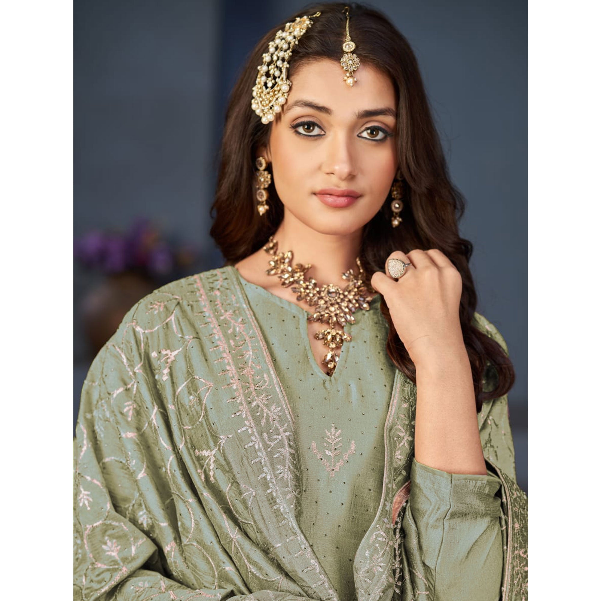 Green Embroidered With Swarovski Work Art Silk Semi Stitched Salwar Suit